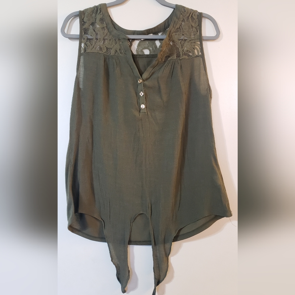Sleeveless Shoulder Laced Blouse, Olive, Large